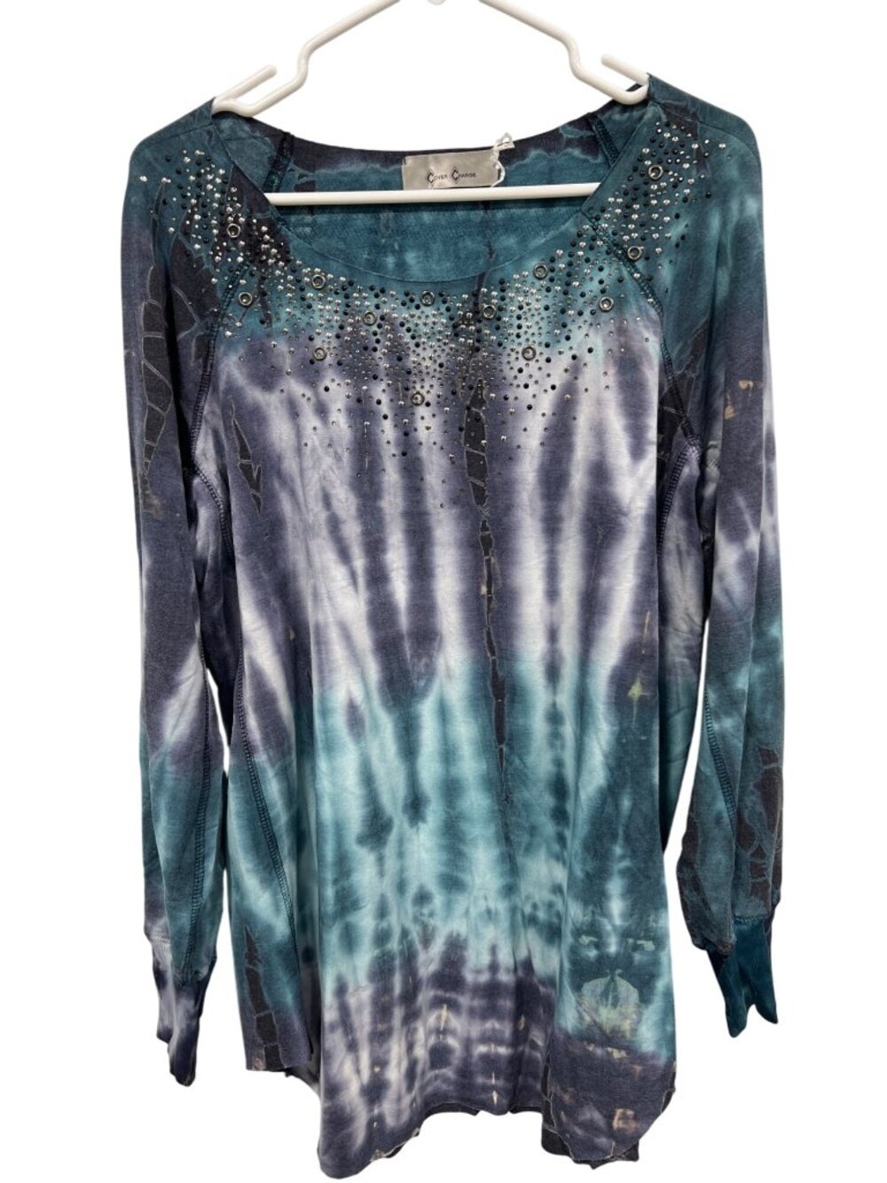 Cover Charge Tunic Top XL Studded Tie Dye Long Sleeve Tee Blue Gray Cozy Relaxed